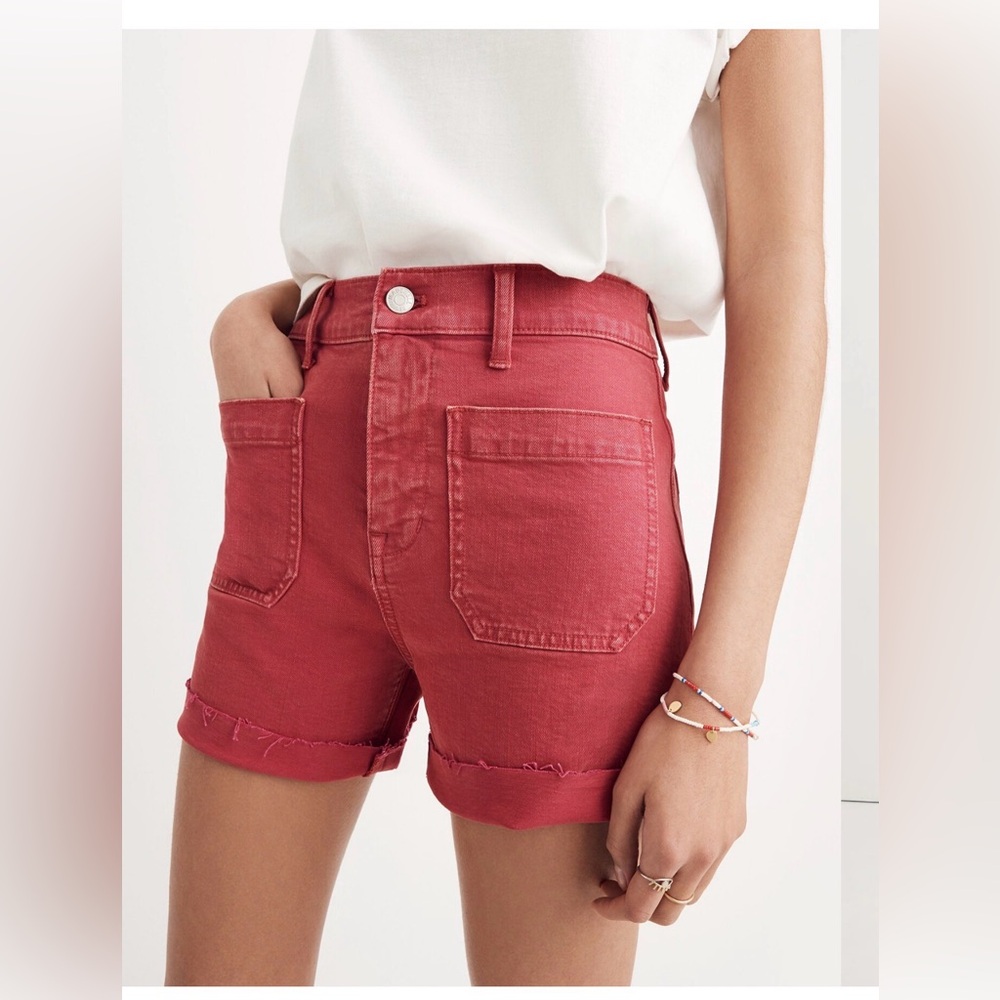 Madewell High Rise Denim Shorts Garment Dyed Dark Rosette Red Size 24 Pocket